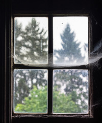 The  window with cobwebs of an old farmhouse
