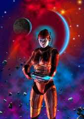 futuristic warrior woman with red suit, armed with heavy weapon, planets, nebula and stars, 3d illustration