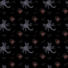 Vector seamless pattern in Mondriaan (Mondrian) style violet scorpions and pink spiders on a black background