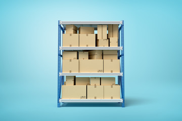 3d rendering of cardboard boxes on metal racks on blue background