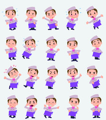 Cartoon character chef. Set with different postures, attitudes and poses, doing different activities in isolated vector illustrations.