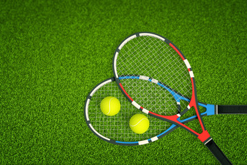 3d rendering of two tennis rackets and two tennis balls as seen from above on a fresh green lawn.