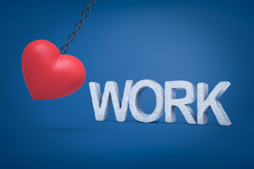 Fototapeta premium 3d rendering of big red heart hanging on metal chain with WORK concrete sign on blue background