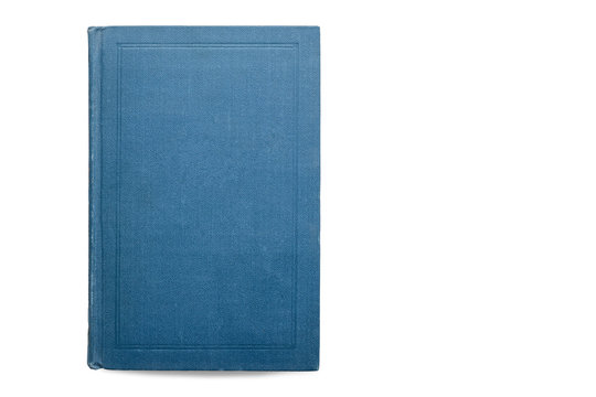 One blue beautiful closed book on white isolate background. beautiful blue book cover view from the top