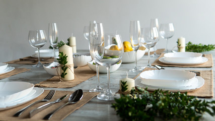 Beautiful table setting with lavender flowers on wooden background