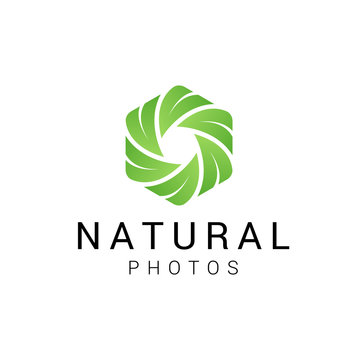 Vector camera shutter and leaf logo combination. Unique photo and organic logotype design template. - Vector