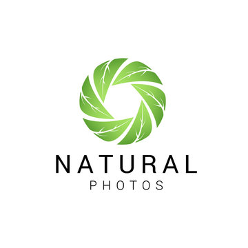 Vector camera shutter and leaf logo combination. Unique photo and organic logotype design template. - Vector