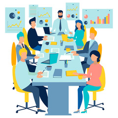 Team work conference meeting. Business talking. Flat style. Cartoon vector