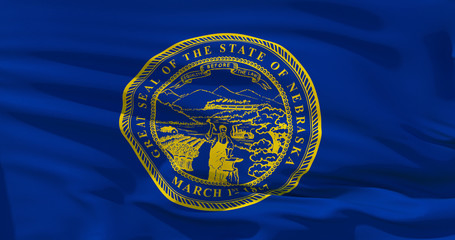 Nebraska flag on satin texture. 3d illustration