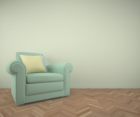 Empty room with fishbone parquet floor, grey wall, armchair and pastel colored pillows. 3d rendering made using Blender