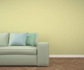 Empty room with fishbone parquet floor, yellow wall and sofa and pastel colored pillows. 3d rendering made using Blender