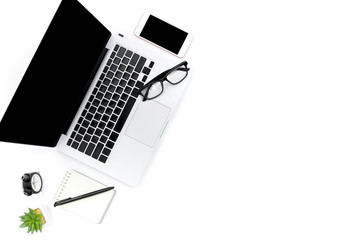Creative flat lay photo of modern workplace with laptop, top view laptop background and copy space on white background, Above view shot of Computers on white background
