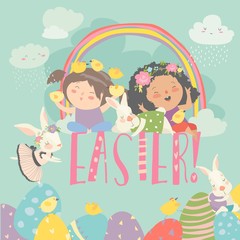 Cute little girls with Easter theme. Happy Easter