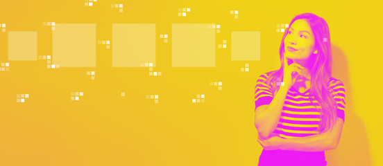 Digital square boxes with young businesswoman in a thoughtful face