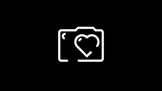 Camera, heart, love, photo, photography, valentine, wedding icon animation with black background.