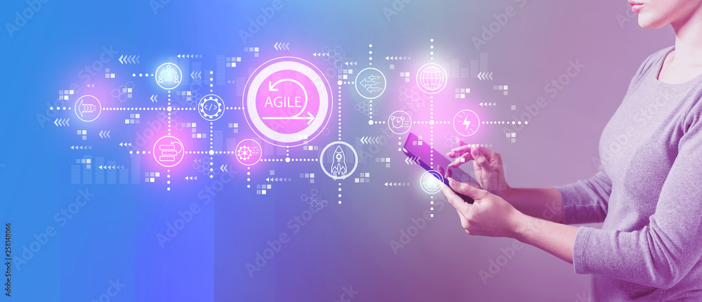 Poster agile concept with business woman using a tablet computer
