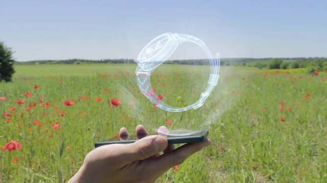 Hologram of wrist watch on a smartphone. Person activates holographic image on the phone screen on the field with blooming poppies