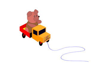 Toys Bear sits in the back of a toy truck. Vector illustration