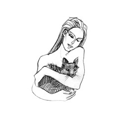 Hand drawn illustration of young girl holding in her hands, hugging a cat. Monochrome pencil freehand sketch isolated on white. Pets, friendship, trust, love concept. Animal lovers. Friend of human.