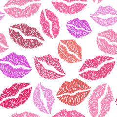 Lipstick kisses of different mouth shapes vector seamless pattern. Feminine girlish theme, makeup concept, cute flirting themes. Pink, red and violet tints for romantic, lovely mood.