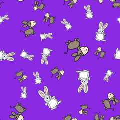 Seamless pattern of bunnies and donkeys in cartoon style.