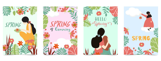 Blue,pink,green hand drawn spring postcard with women,daughter,flower and leaf