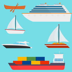 Set of ships  Vector illustration  flat style: ships, boats, ferries, with blue sea background. Ocean transport concept