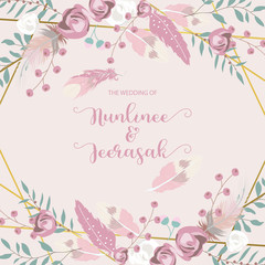 Geometry pink gold wedding invitation card with rose,leaf,ribbon,wreath,feather and frame