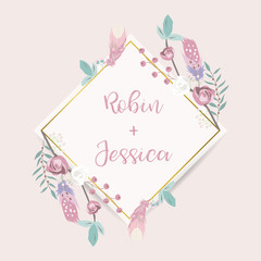 Obraz na płótnie Canvas Geometry pink gold wedding invitation card with rose,leaf,ribbon,wreath,feather and frame