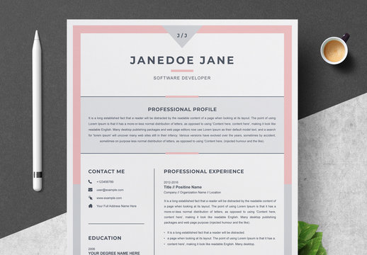 Resume, Cover Letter, and Reference Sheet Layout with Pink and Gray Border