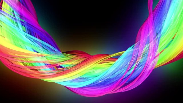 4k colorful looped animation of a rainbow colors tape with neon light moving in a circle as abstract background with lines and ribbons. Luma matte is included as alpha channel for compositing. 44