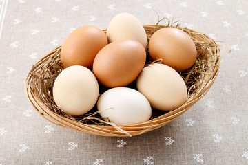 Wicker basket with eggs.