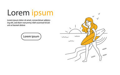 Girl walking on the beach with surfboard vector illustration