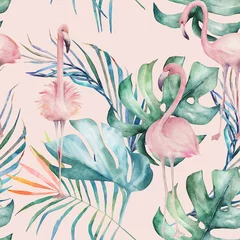 Fotobehang Jungle  kinderkamer Tropisch naadloos patroon met flamingo en bladeren. Aquarel zomer print. Exotische handgetekende illustratie