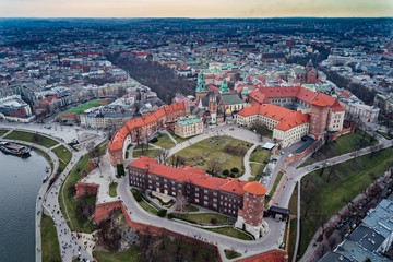 Obraz premium Aerial drone view on Cracow and Wawel Castle.