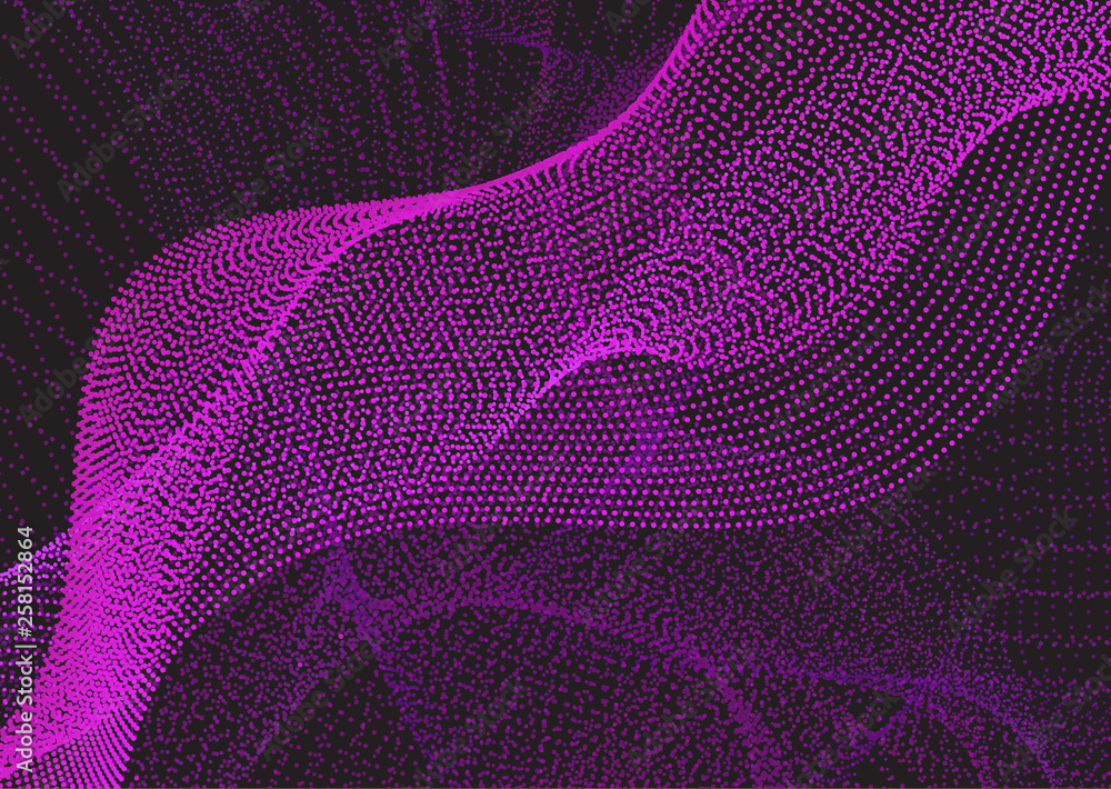 Poster bright dynamic background with wavy lines from circles, dots. particles of different scale neon colo