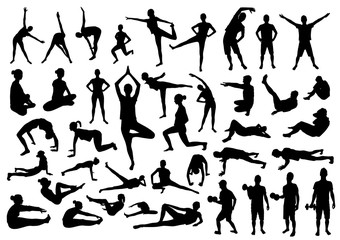 Silhouettes of slim girl practicing yoga stretching exercises.