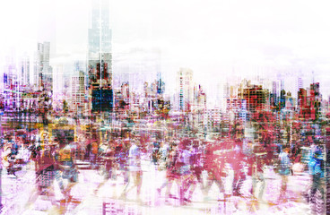 Crowd of anonymous people walking on busy city street - abstract city life concept