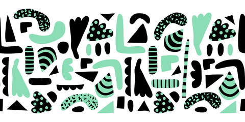 Horizontal seamless vector border modern abstract doodle shapes. Pattern simple elements green and black background. Scandinavian style. Modern happy print for home decor, kids fabric, banner, ribbon
