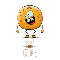 vector funny hand drawn homemade chocolate cookie character isolated on white background. My name is cookie concept illustration. funky food character or bakery label mascot