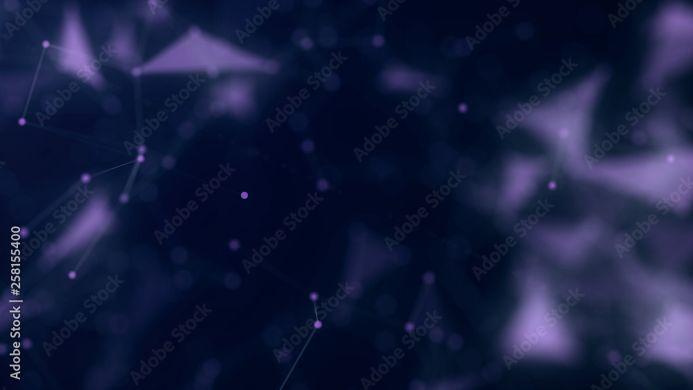 Poster violet shapes, dots and lines are connected with shine on blurred background.
