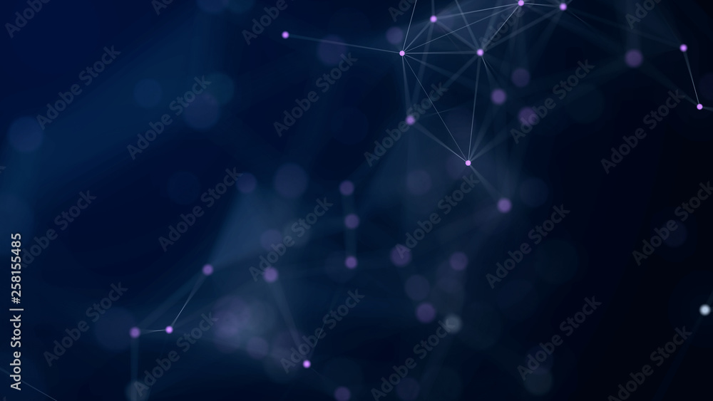 Poster shapes, dots and lines are connected with shine on blurred background.