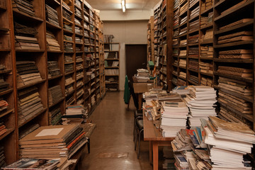Vintage library room, storage, books on wooden shelves, antique, old paper, hall