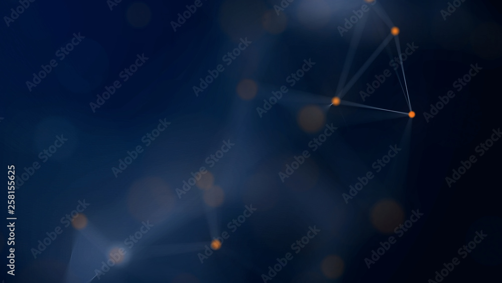 Poster shapes, dots and lines are connectied with shine on blurred background.