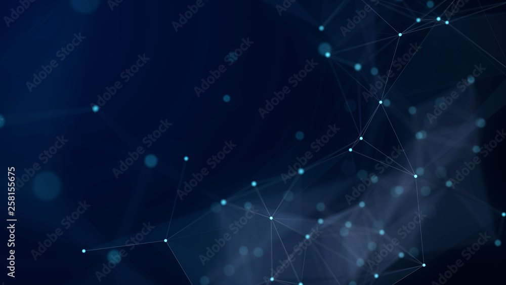 Poster shapes, dots and lines are connected with shine on blurred background.