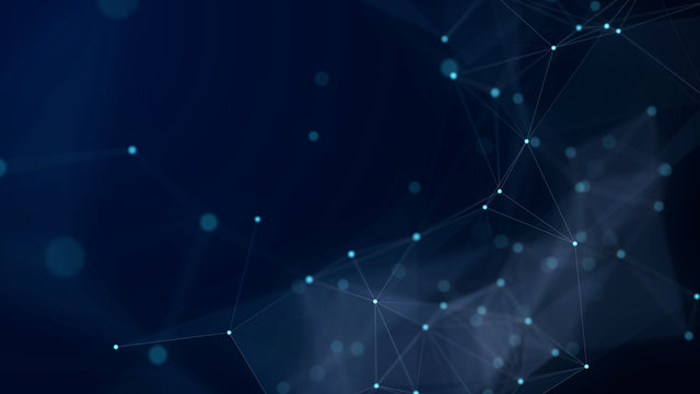 Shapes, dots and lines are connected with shine on blurred background.