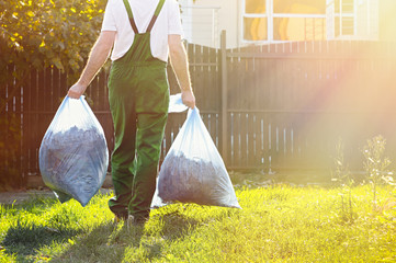 Gardener carries bags of leaves after cleaning the yard . the sun is shining brightly on the right.