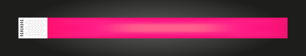 Obraz premium Vector luminous neon pink or red cheap empty bracelet or wristband. Sticky hand entrance event paper bracelet isolated on black. Template or mock up suitable for various uses of identification.