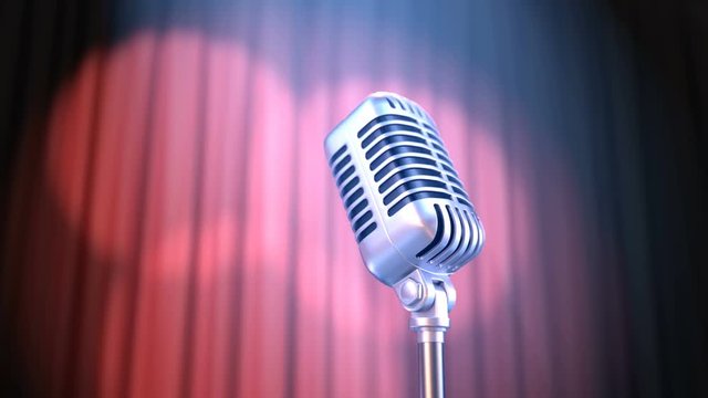 Zoom In Old Fashioned Microphone and Red Curtain with Rotating Spotlights in Volume Light, Beautiful 3d Animation. 4K Ultra HD 3840x2160. Look For More Options In My Portfolio