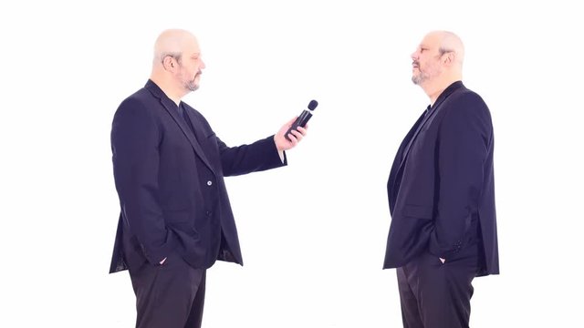two similar men in interview - questions & answers white screen